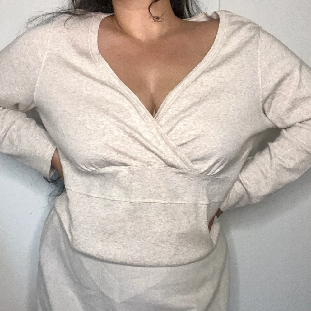 Avenue Cotton Beige Long Sleeve Deep V Neck Knit Top